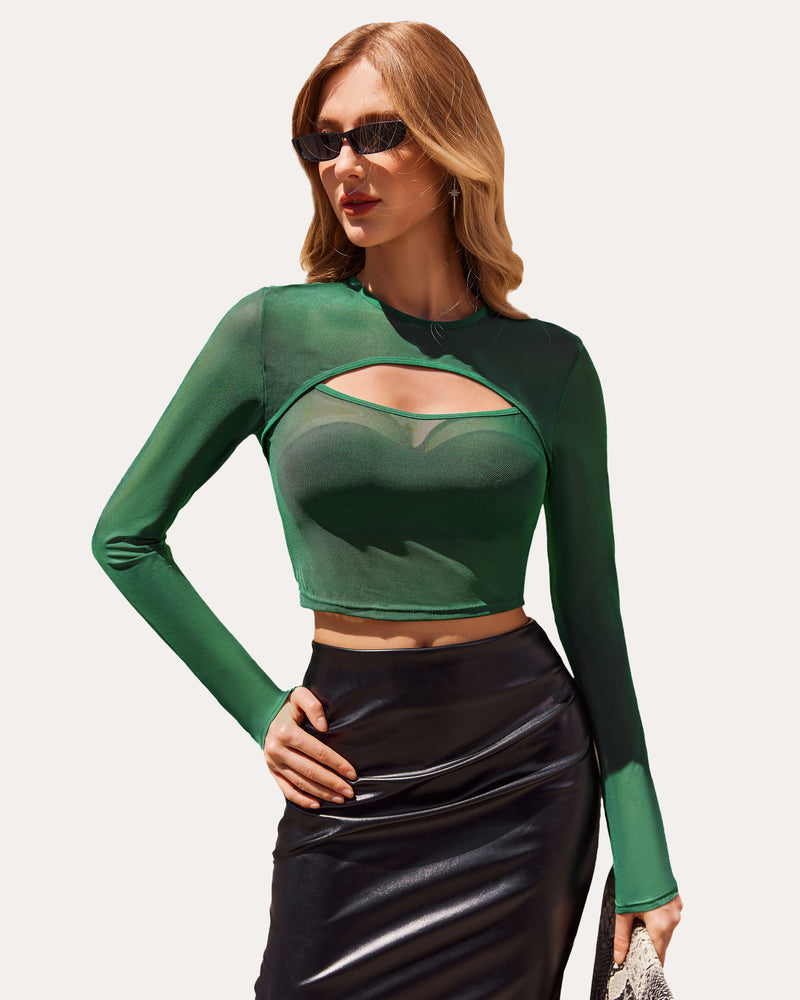 Green long sleeve mesh crop top with oval chest cutout and sheer fabric.