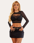 Black long sleeve see-through mesh crop top with oval chest cutout panel.