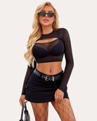 Black long sleeve mesh crop top with sheer neckline band and cutout bust.
