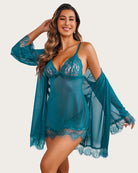 Teal lace mesh babydoll with sheer robe and V-neck cups, lace-trim hem