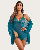 Teal lace mesh babydoll with sheer robe, V-neck cups and scalloped hem