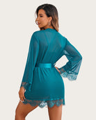 3-piece mesh robe and lace chemise set, teal lace-trim robe with tied waist