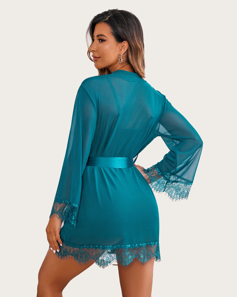 3-piece mesh robe and lace chemise set, teal lace-trim robe with tied waist
