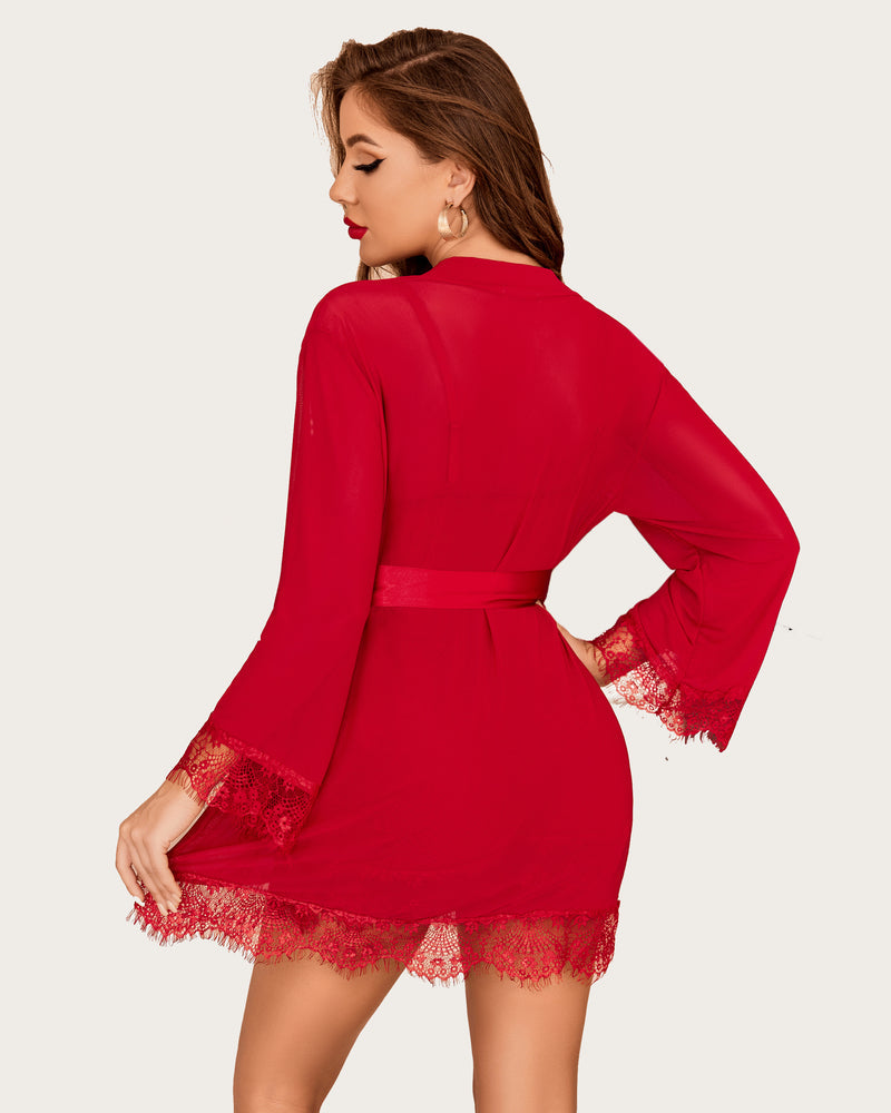 3-piece mesh robe and lace chemise set, red V-neck with scalloped lace trim