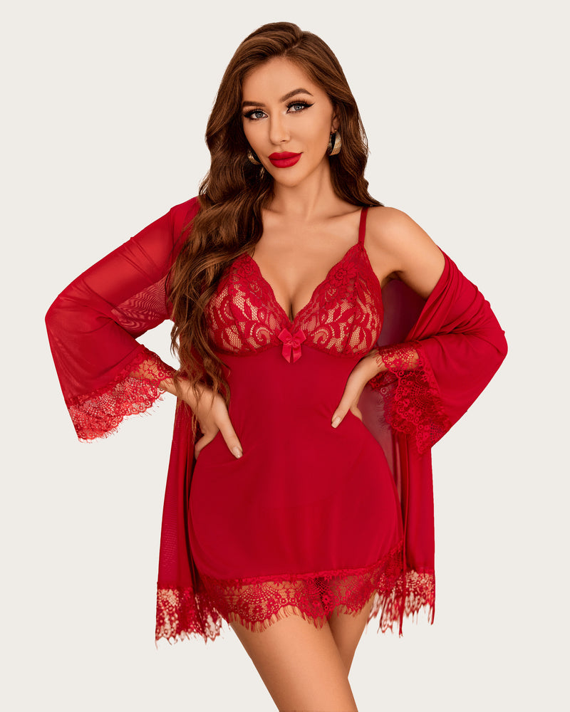 3-piece mesh robe and lace chemise set, red lace V-neck babydoll with robe sleeves