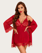 3-piece mesh robe and lace chemise set, red lace V-neck babydoll with robe sleeves