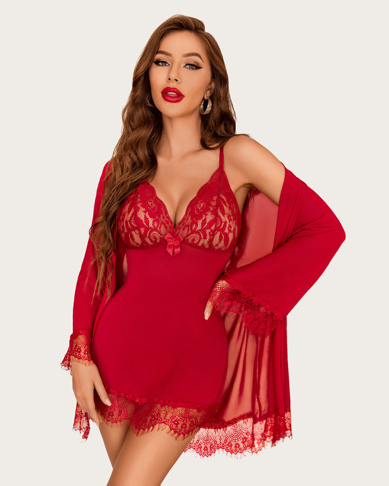 3-piece mesh robe and lace chemise set, red lace V-neck babydoll with sheer robe