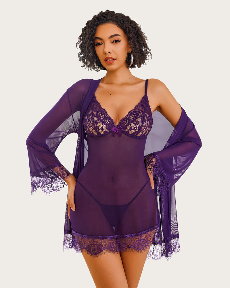 3-piece mesh robe and lace chemise set, purple lace balconette with sheer robe