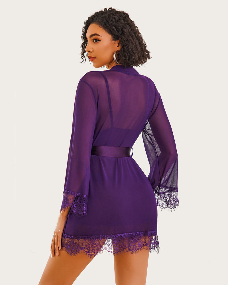 3-piece mesh robe and lace chemise set, purple sheer robe with lace-trim hem