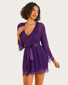 3-piece mesh robe and lace chemise set, purple tied robe with lace-trim shorts