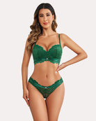 Green lace push-up bra and panty set with lace underwire cups and matching panties.