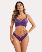 Purple lace push-up bra and panty set with scalloped lace cups and V-front panties.