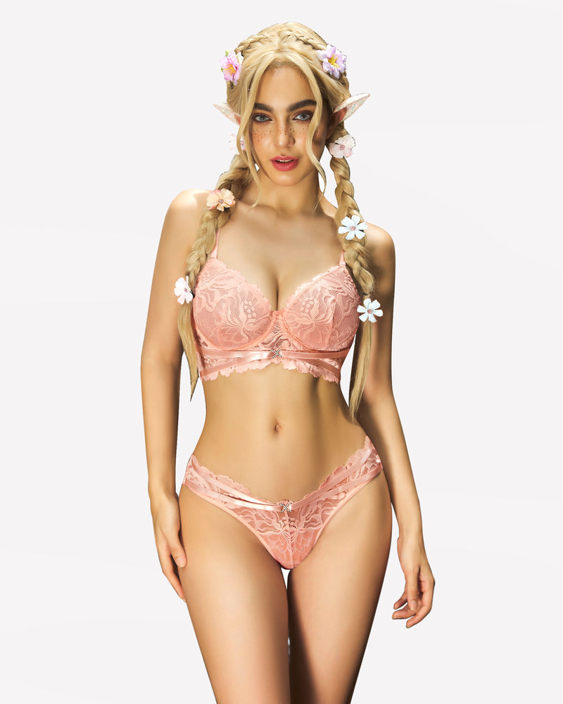 Pink lace push-up bra and panty set with underwire cups and lace high-cut panties.