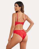 Red lace push-up bra and panty set, open-back lace and adjustable straps