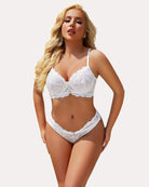 White lace push-up bra and panty set with underwire cups and scalloped trim