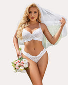 White lace push-up bra and matching lace panty set with scalloped lace edges