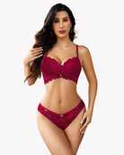 Wine-red lace push-up bra and lace panty set with scalloped lace and bow center