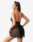 Black mesh babydoll back view with lace bodice and halter straps