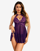 Purple halter mesh babydoll with lace cups, deep V neckline, pleated skirt