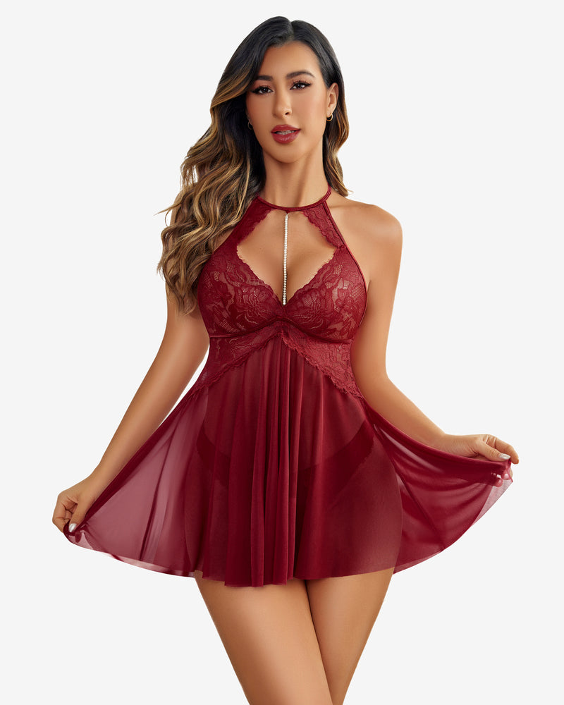 Wine red halter mesh babydoll with lace cups, ruched V center, flared pleated skirt