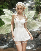 White lace mesh babydoll lingerie with plunge bra, chain accents, and garter straps