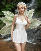 White lace mesh babydoll lingerie with lace bra, sheer skirt, and garter-style straps