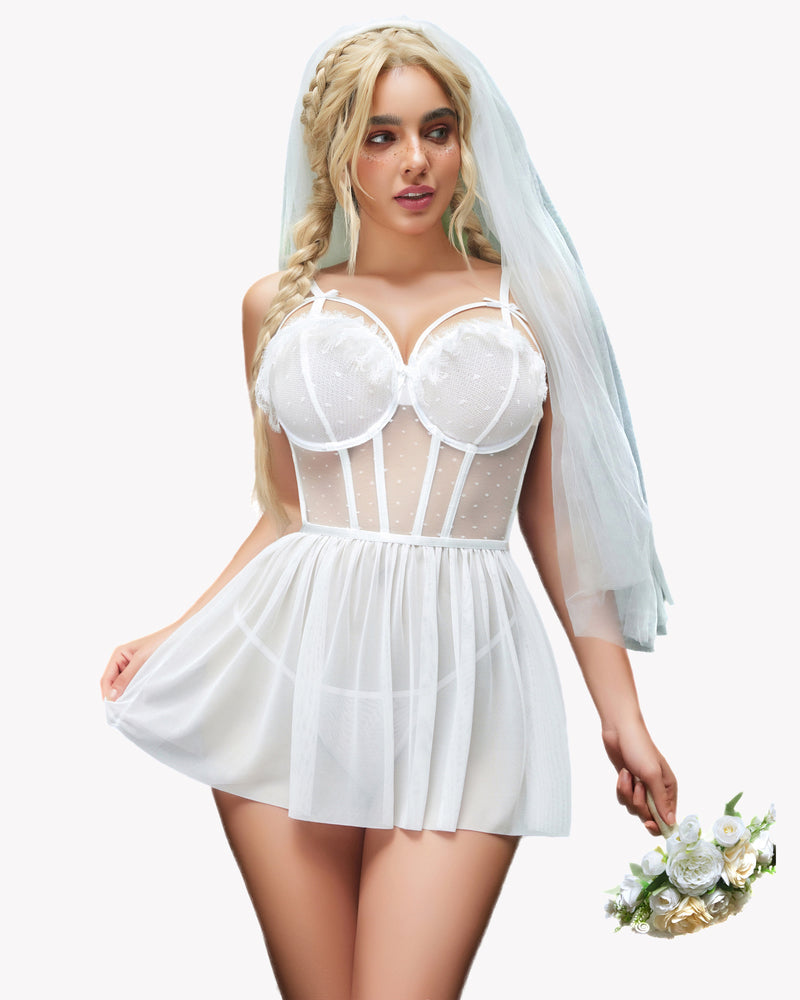 White lace push-up mesh chemise nightgown with veil, underwire cups, and flared tulle skirt
