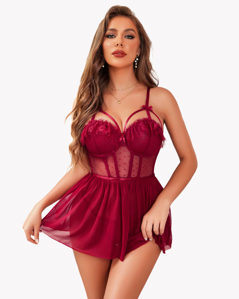 Wine red mesh chemise nightgown with lace push-up cups, sheer bodice, short skirt
