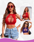 Red cut-out crop tank top with lace-up oval cutout at center front
