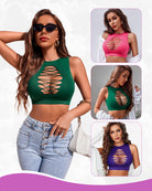 Green cut-out crop tank top with oval lace-up cutout on the front