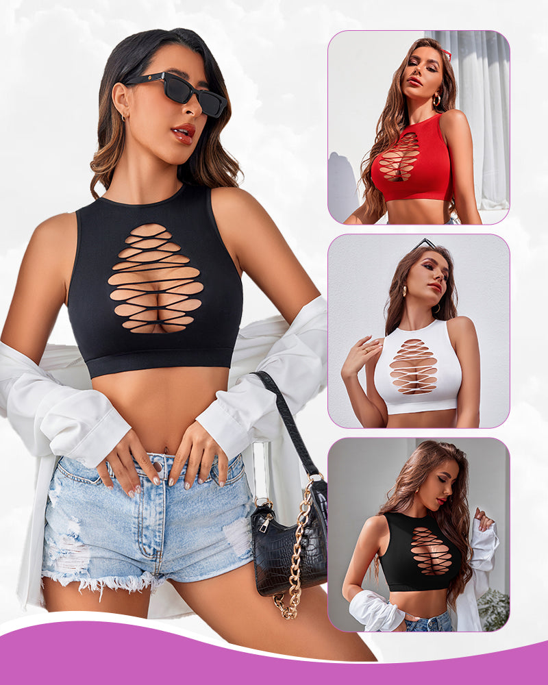 Black cut-out fishnet crop top with oval lace cut design, sleeveless