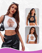 White cut-out fishnet crop top with oval lace cut design, sleeveless