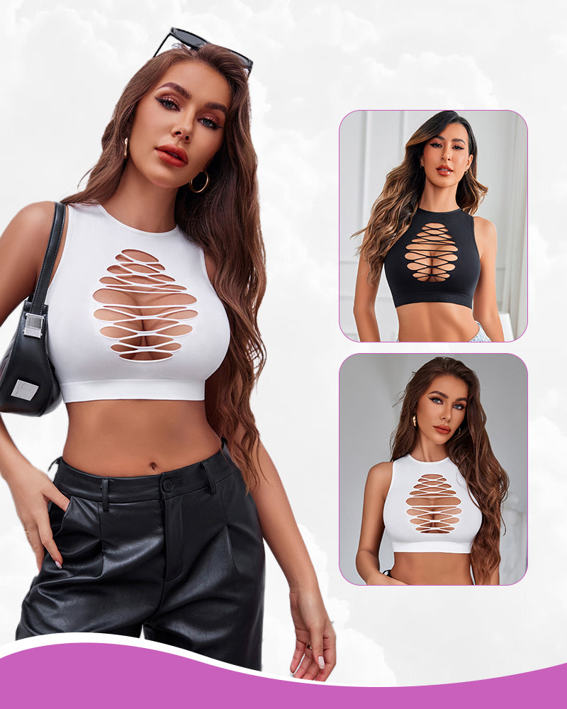 White cut-out fishnet crop top with oval lace cut design, sleeveless