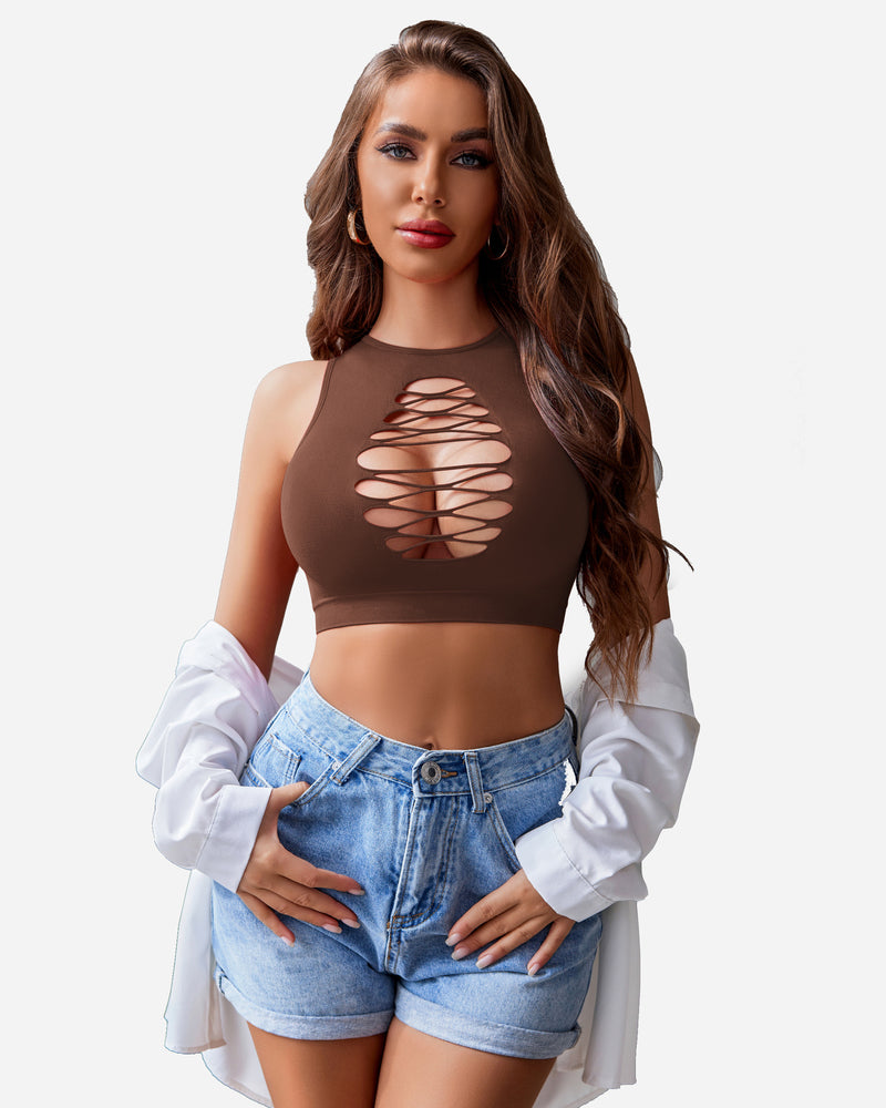 Fishnet cut-out crop tank top, dark brown, lace-up chest cutout detail