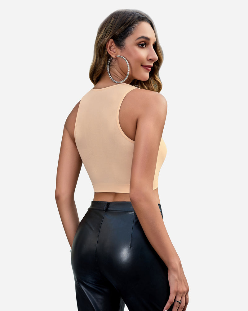 Fishnet cut-out crop tank top, peach nude, racerback back view