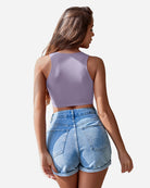 Fishnet cut-out crop tank top, light lavender, racerback back view