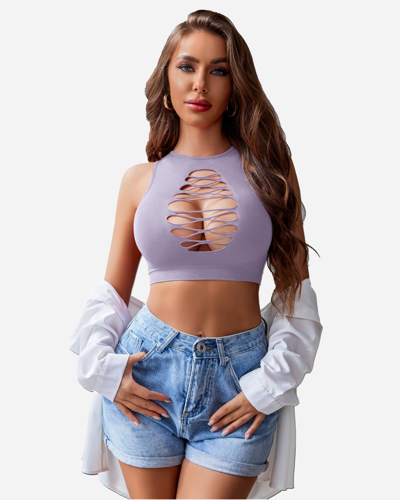 Fishnet cut-out crop tank top, light lavender, lace-up chest cutout