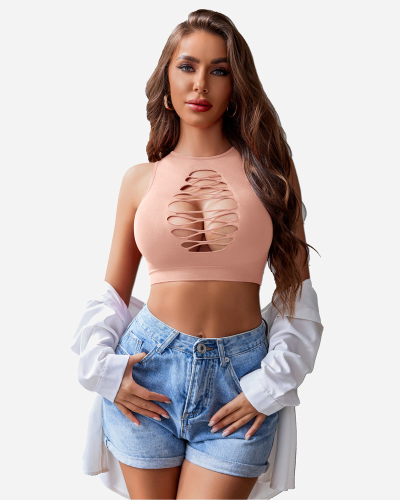 Fishnet cut-out crop tank top, blush pink, lace-up chest cutout design
