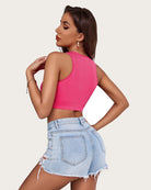 Pink crop tank top with racerback and solid back view