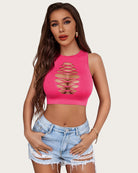 Pink crop tank top with oval chest cutout lattice design
