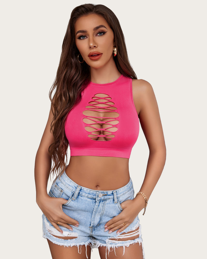 Pink crop tank top with oval chest cutout lattice design