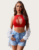 Red crop tank top with oval chest cutout lattice front