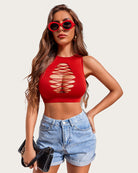 Red crop tank top with oval chest cutout lattice design