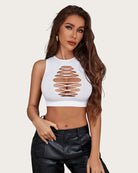 White crop tank top with oval cutout lace-up front and high neckline