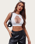 White crop tank top with oval lace-up cutout front and sleeveless fit