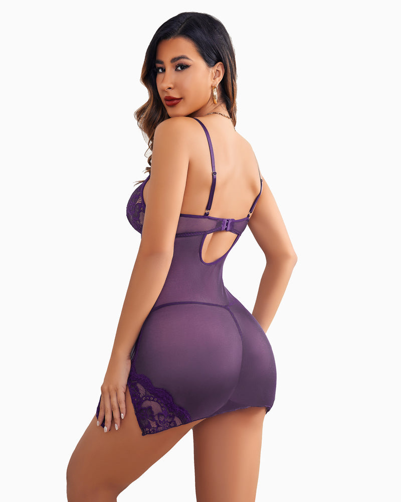 Purple lace underwire babydoll with thin straps and sheer short hem