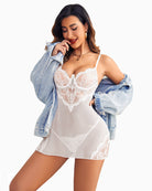 White lace underwire babydoll with adjustable straps, scalloped cups, and sheer hem