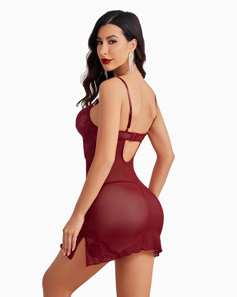 Wine red lace underwire babydoll with thin straps and cutout back