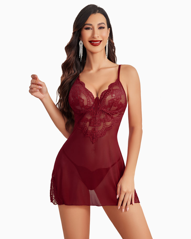 Wine red mesh nightdress with lace sweetheart cups and matching thong, front view.