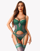 Green lace corset and panty garter lingerie set with garters and sheer lace bodice